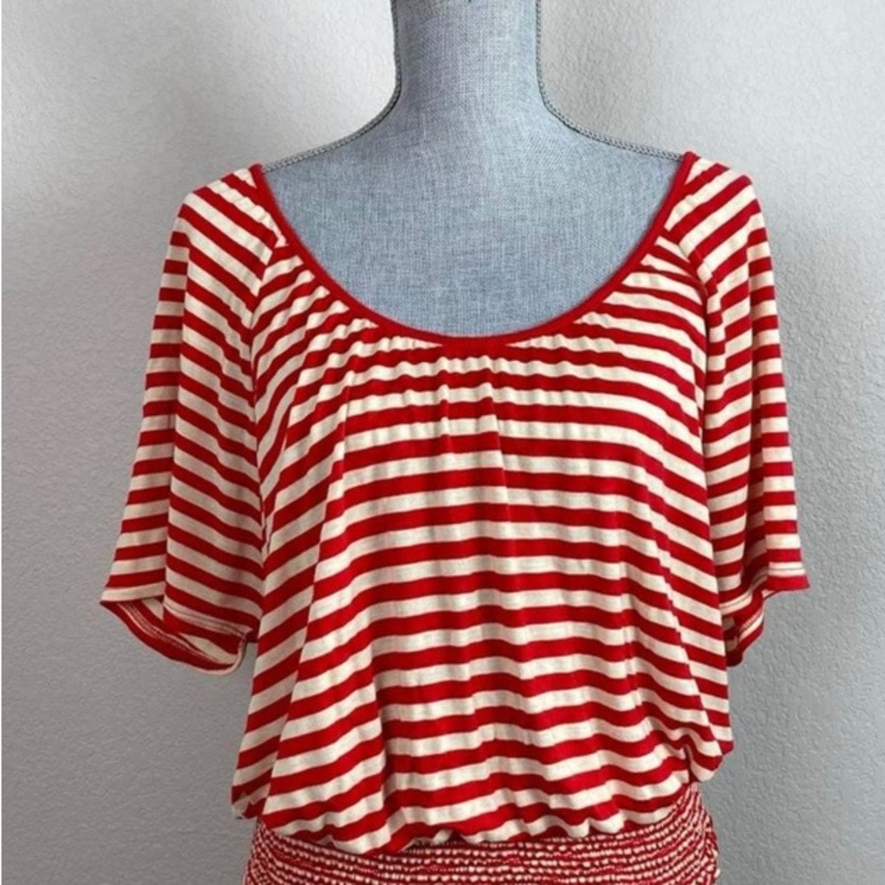 New Pleione Striped Beige /Red Ragland Sleeve With Hem Smocks Top Size XL